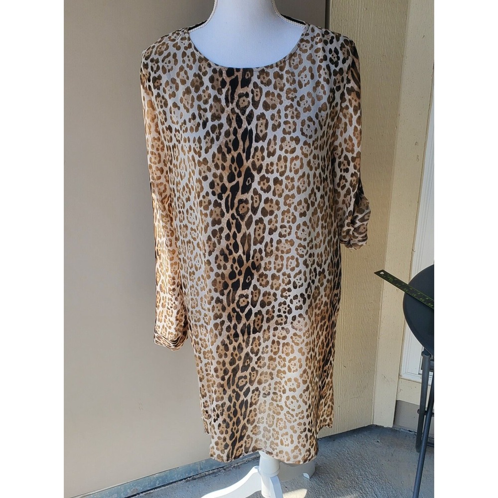 Calvin Klein Dress Womens Medium Brown Tan Black Cheetah‎ Sheer Elegant Hip